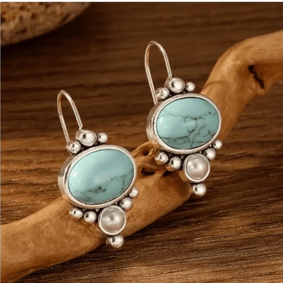 Vintage Boho Style Silver Turquoise Earrings - Picture 1 of 7